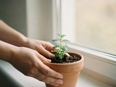 Hands gently pressing rich dark soil around a small terracotta potted herb, soft diffused golden hour light, warm editorial photography.