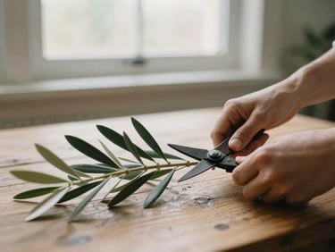 A close-up of hands trimming wild olive branches on a rustic wooden table, soft morning window light, shallow depth of field, warm editorial photography.
