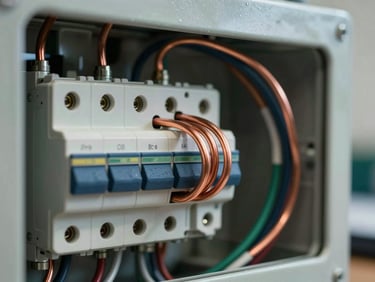 A tight macro shot of clean copper wiring runs inside a newly upgraded breaker panel, with sharp focus on technical precision and neat organization.