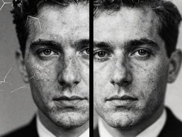 Extreme close-up of a torn, water-damaged historical black and white portrait, heavy silver halide grain, cracked paper texture, classic darkroom lighting.