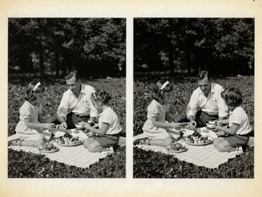 Faded, scratched color photograph from 1960 of a family picnic, yellowed chemistry, dust spots, high-contrast side-lighting.