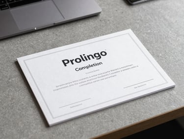 A clean, graphic mockup of a Prolingo completion certificate resting on a slate gray desk, crisp shadows, professional corporate editorial framing.