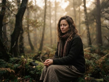 Authentisches Porträt einer Frau in stiller Reflexion in einem nebligen Wald, weiches goldenes Licht, erdige Töne, flache Tiefenschärfe.