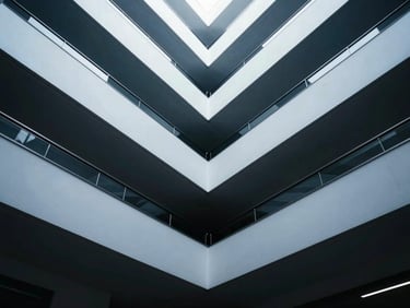 Architectural shot of a modern government building interior, clean lines, clinical white light, high contrast