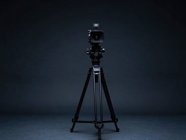 Symmetrical shot of a professional camera rig on a tripod in a minimalist dark studio, soft overhead lighting