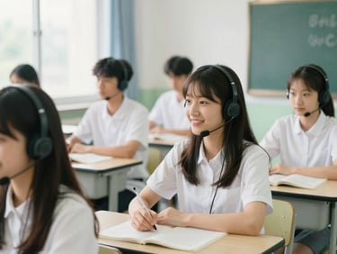 A student wearing a headset participating in an English language lab activity, smiling, bright modern classroom, soft daylight, 35mm
