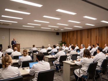 Wide conference room interior, rows of physicians seated at clinical symposium tables, speaker at podium mid-presentation, professional overhead lighting, São Paulo venue, medium environmental shot