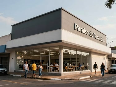 Wide exterior shot of a commercial building with glass storefront facade on a busy street in Paraíso do Tocantins, natural daylight, pedestrians on the sidewalk