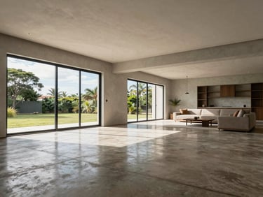 Wide interior living room of a high-standard house in Palmas Tocantins, natural daylight through large windows, polished concrete floor, minimal furnishing showing quality finishes, no people