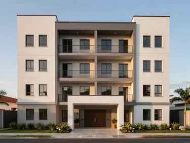 Exterior front facade of a modern mid-range residential apartment building in Palmas Tocantins, late afternoon natural light, clean architectural lines, landscaped entry, no people