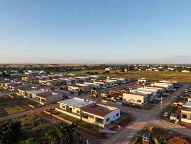 Aerial view of a gated residential development under construction in Palmas Tocantins, clear sky, structured lots visible, active worksite with equipment, golden hour light from the west
