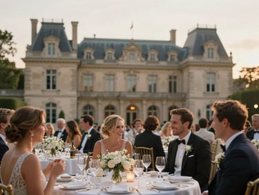 Cinematic wide shot of a luxury wedding reception in a historic Parisian estate, soft ambient golden hour light, guests laughing in soft focus.