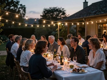 Atmospheric wide shot of an outdoor dinner at Domaine de Primard under fairy lights, guests laughing, warm ambient glow.