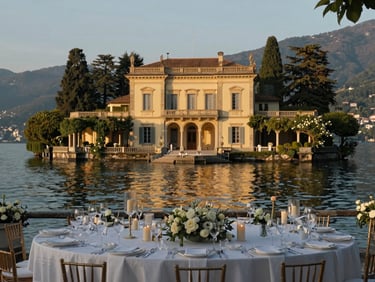 Cinematic landscape of a wedding reception at Villa d'Este, Lake Como, golden hour reflections on the water, elegant tablescapes.