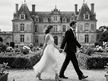 Elegant black and white candid shot of a couple walking through the gardens of Château de Villette, motion blur, editorial style.