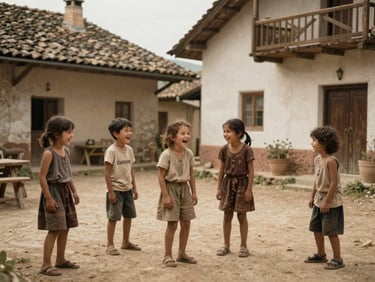 A candid, warm-toned photograph of children laughing in a rustic European village courtyard, unposed and natural.