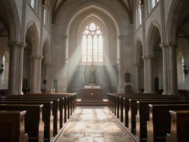 A wide environmental shot of a quiet church interior during early morning, soft shafts of light cutting through the stillness.