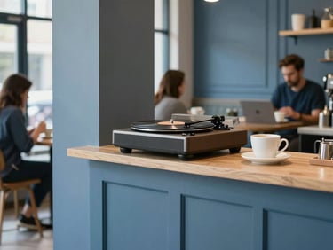 Medium shot of a cozy, modern cafe interior with soft lighting, a record player visible on a shelf, and customers enjoying coffee. Clean blue and slate tones.