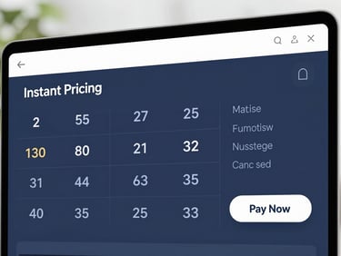 Clean screenshot of a digital dashboard with an instant pricing calculator interface, showing clear numbers and a 'Pay Now' button. Bright, natural daylight.