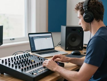 Medium shot of a music creator in a bright home studio, focused on a mixing board, a laptop displaying a royalty dashboard. Bright, natural daylight.