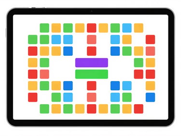Clean, high-contrast vector screenshot of a cooperative building game interface on an Android tablet, multi-colored blocks, easy drag-and-drop mechanics.