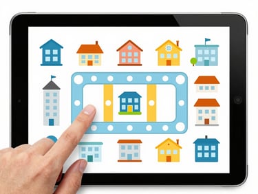 Screenshot of a cooperative town-building game interface on an Android tablet, focus on simple drag-and-drop mechanics, bright vector buildings, clean geometric shapes, diverse hands interacting, soft studio light.