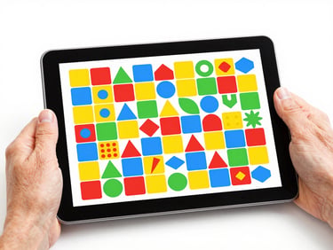 Screenshot of a colorful, high-contrast matching puzzle game interface on an Android tablet, focus on geometric shapes and bright colors, hands of a child and grandparent visible, soft studio light.