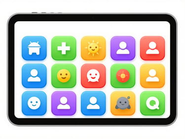 Clean, high-contrast vector screenshot of a puzzle game interface on an Android phone, large colorful buttons, clear text, friendly characters.