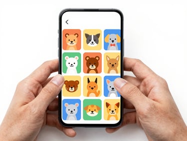 Screenshot of a memory game interface with friendly vector animal characters on an Android phone, clean layout, large cards, bright, even lighting, hands of an adult visible.