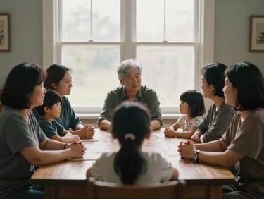 Medium shot of a multi-generational family sitting in quiet conversation around a wooden table, soft natural window light, rich muted tones, 35mm film look.