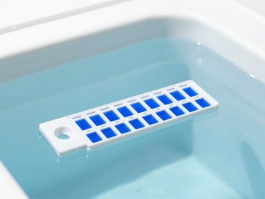 Close-up of clean pool water test kit with royal blue indicators under bright studio light, minimalist setup