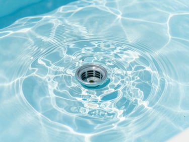 Macro close-up of pristine pool water surface with sharp clean water ripples, bright midday sun reflection, high-tech filtration inlet visible, 35mm