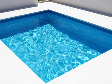 Architectural shot of a modern residential pool, pure sparkling water under intense midday sunlight, crisp royal blue accents, sharp shadows, 35mm