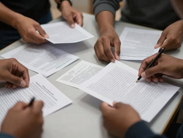 Close-up of hands distributing printed materials on a table during a community field session, documents spread out, soft indoor overhead lighting, participants' arms visible around the edges