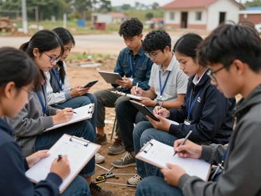 Participants at a field visit documenting conditions with clipboards and tablets, outdoor setting with natural daylight, wide environmental framing showing the work site context