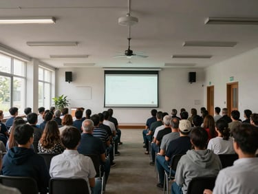 Wide shot of a community gathering in an open indoor venue, participants seated in rows facing a projection screen, overhead lighting, natural daylight from tall windows