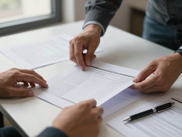 Close-up of hands arranging printed data sheets on a table during an organizational planning session, daylight from a side window, documents and pens visible