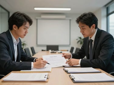 Wide shot of an organizational meeting room, two representatives reviewing a collaboration document across a table, overhead natural light, papers and folders visible on surface