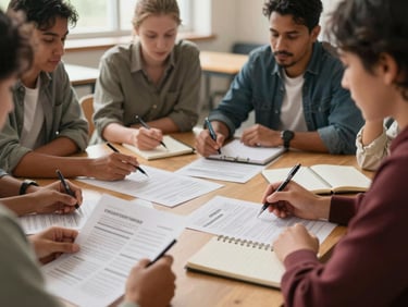 Environmental shot of a small group of community members gathered around a table reviewing printed reports, pens and notebooks in hand, warm natural light from a nearby window, an open community hall visible in the background