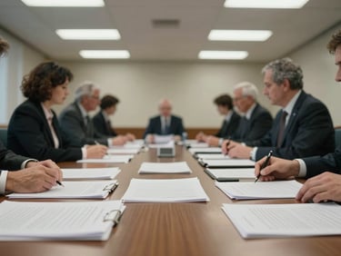 Wide indoor shot of a formal meeting room, documents spread across a long table under overhead fluorescent light, several people's hands visible reaching across papers, institutional setting