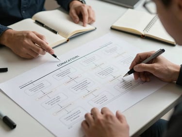 Two participants reviewing a large printed organizational chart spread on a table, soft indoor lighting, notebooks and markers visible alongside the document