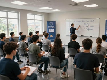Wide shot of a training room with rows of participants taking notes, a facilitator writing on a whiteboard at the front, daylight from windows on the left side, organisational banners visible on the back wall