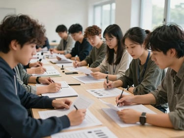 Wide environmental shot of a community workshop in progress, participants gathered around a table reviewing printed documents under soft indoor daylight, hands visible, no posed smiles