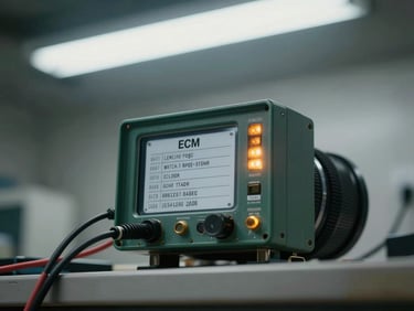 Tight overhead study of an ECM control module on a workshop bench, serial number label in sharp focus, diagnostic cable attached, amber LED indicator glowing, cool fluorescent light, desaturated background