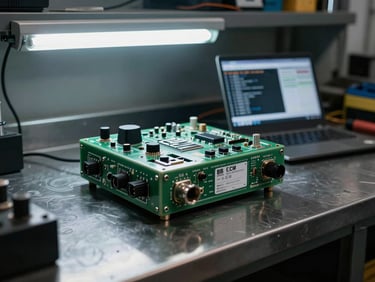ECM control module sitting on a steel workbench under cool fluorescent light, serial number label in sharp focus, diagnostic laptop screen visible in background showing code readout, dark workshop environment