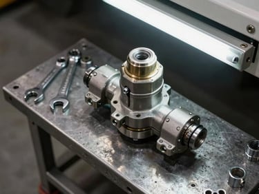 Close-up overhead shot of a semi-trailer brake valve assembly on a steel workbench, Knorr-Bremse casting visible, workshop fluorescent light, wrenches and fittings arranged beside the component, concrete floor below