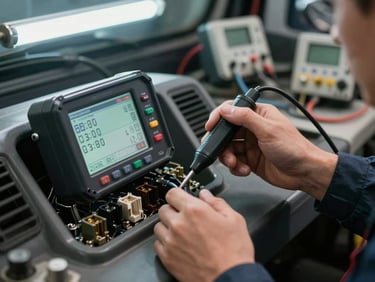 Technician's hands holding a diagnostic probe against an ECM module connector on a truck dashboard panel, fault-code display showing all-clear status, cool fluorescent workshop light, cables and instruments in background