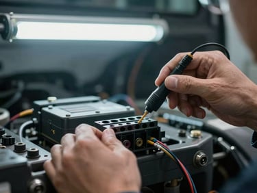 Extreme close-up of a technician's hands connecting a diagnostic probe to an electrical harness connector on a truck chassis, cool fluorescent workshop light, desaturated tones, visible wire colors and connector pins