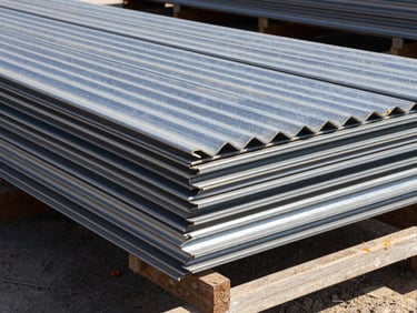 Bold industrial photography of corrugated steel sheets stacked on a construction site, bright direct daylight, high-contrast metallic textures
