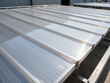 High-contrast photography of a translucent polycarbonate roofing panel installed on an industrial warehouse, bright daylight filtering through